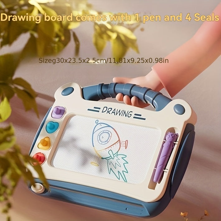 A Drawing Board for Kids That Includes Four Stamps, Four Holders, And One Pen. It'S an Educational Toy Designed for Learning, Perfect for Doodling, And Serves As a Smart Learning Tool. This Makes a Great Birthday Present for Both Boys And Girls