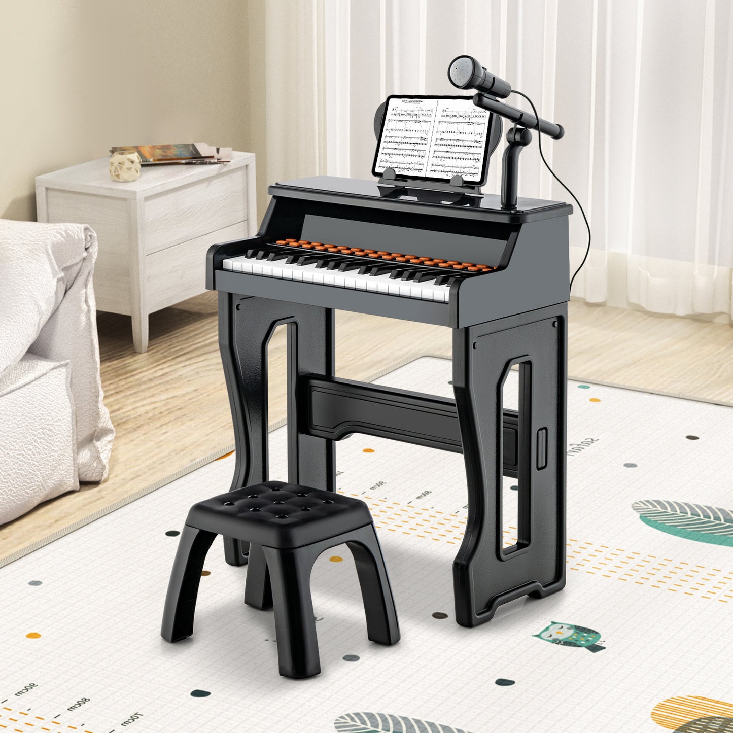 COSTWAY 37 Keys Music Piano with Microphone, Kids Piano Keyboard w/ Detachable Music Stand, Sturdy Stool, Multi-Functional Piano Instrument, Piano Learning Toy for Toddlers Age 3+