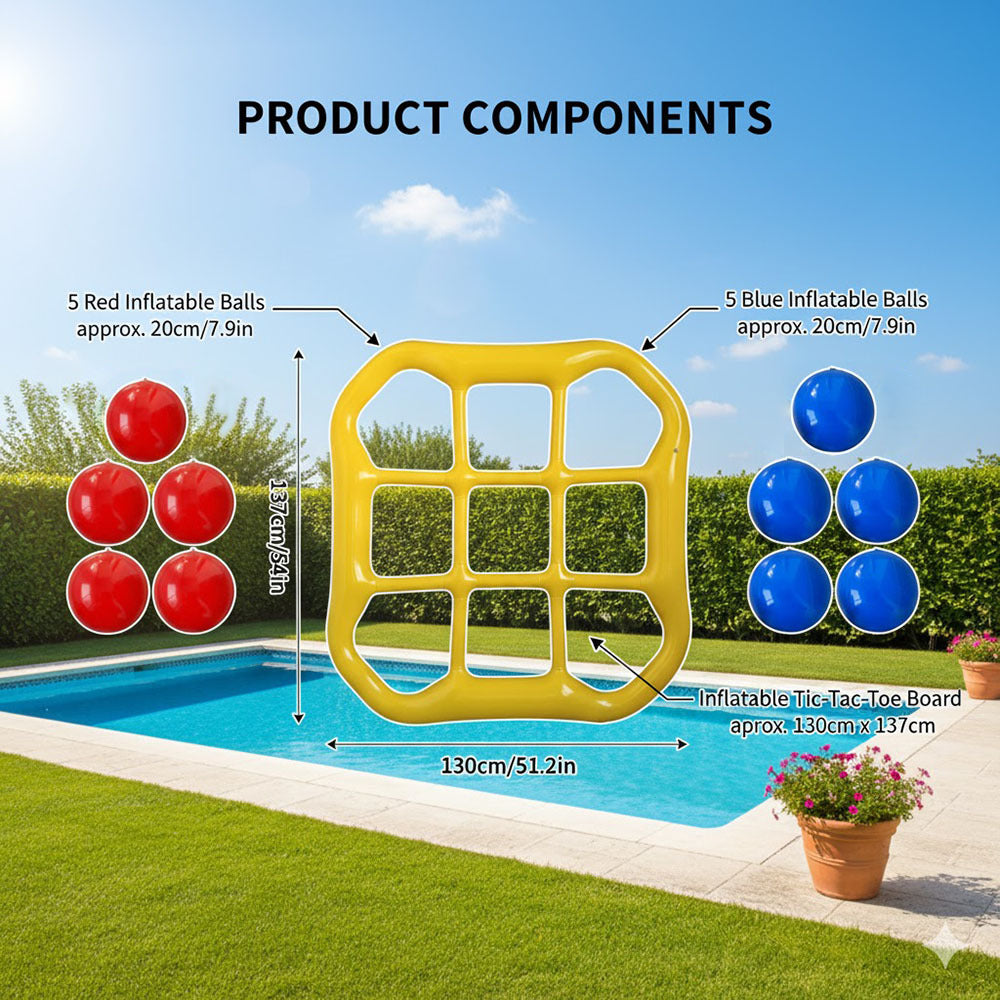 Inflatable Tic Tac Toe Pool Game Set - Comes with 10 Balls (5 Blue, 5 Red) And Air Pump - Floating Water Toys for Swimming Pool, Lake And Pool Party Fun for Family