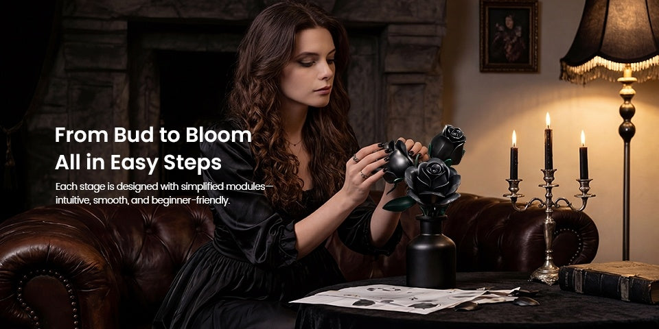 Special Party Gift Gothic Black Rose Flower Artificial Flower Art Piece Background Bouquet Building Set 3 Rose Building Pieces Set 152pcs