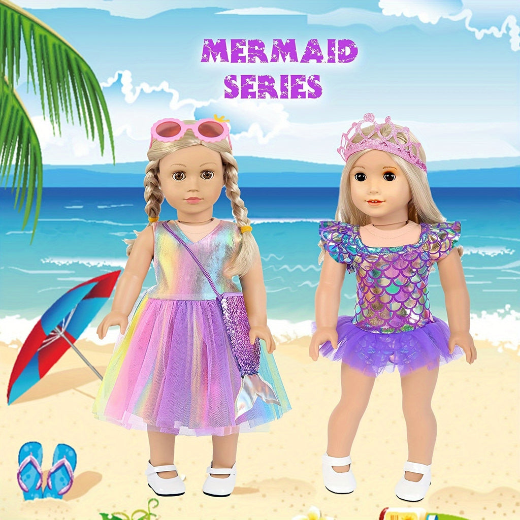 18 Inch Doll Clothes.(No Doll)And Accessories Mermaid Dress Luggage Case Travel Play Set Include Suitcase, Dresses, Bag, Camera, Glasses, Pillow, Eyeshade.Christmas Gift for Ages 3+