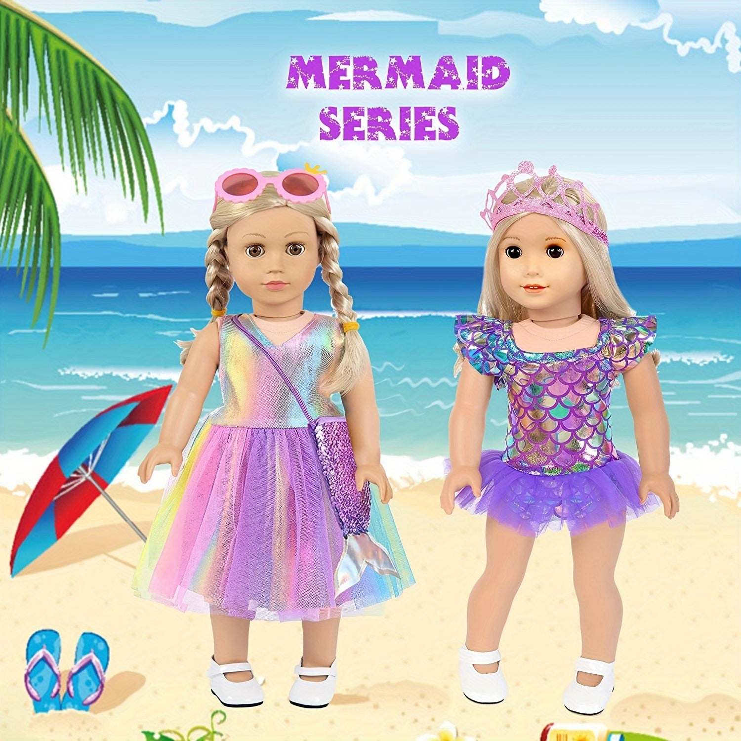 18 Inch Doll Clothes.(No Doll)And Accessories Mermaid Dress Luggage Case Travel Play Set Include Suitcase, Dresses, Bag, Camera, Glasses, Pillow, Eyeshade.Christmas Gift for Ages 3+