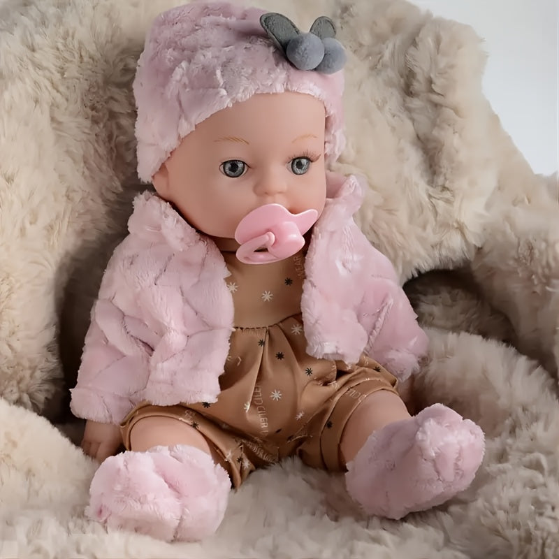 12-Inch Pink Reborn Youngsters Doll with Fluffy Bunny Ears - Soft PVC, Realistic Comfort Toy, Perfect Birthday Gift and Playmate for Boys and Girls Over Three Years Old