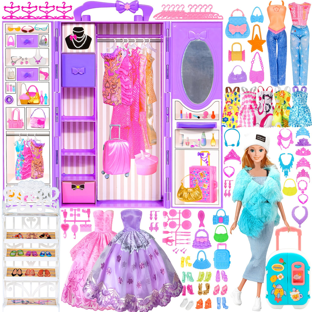 Doll Closet Playset with Doll Clothes And Accessories Including One Doll, Closet, Stylish Blue Set, Luggage, Shoe Rack, Wedding Gowns.Christmas Gift for Kids Aged 3+