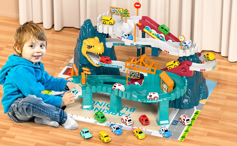 Dinosaur Race Track for Kids, Toy Car Ramp Track Dinosaur Toys Playset with 10 Cars for Kids Boys And Girls