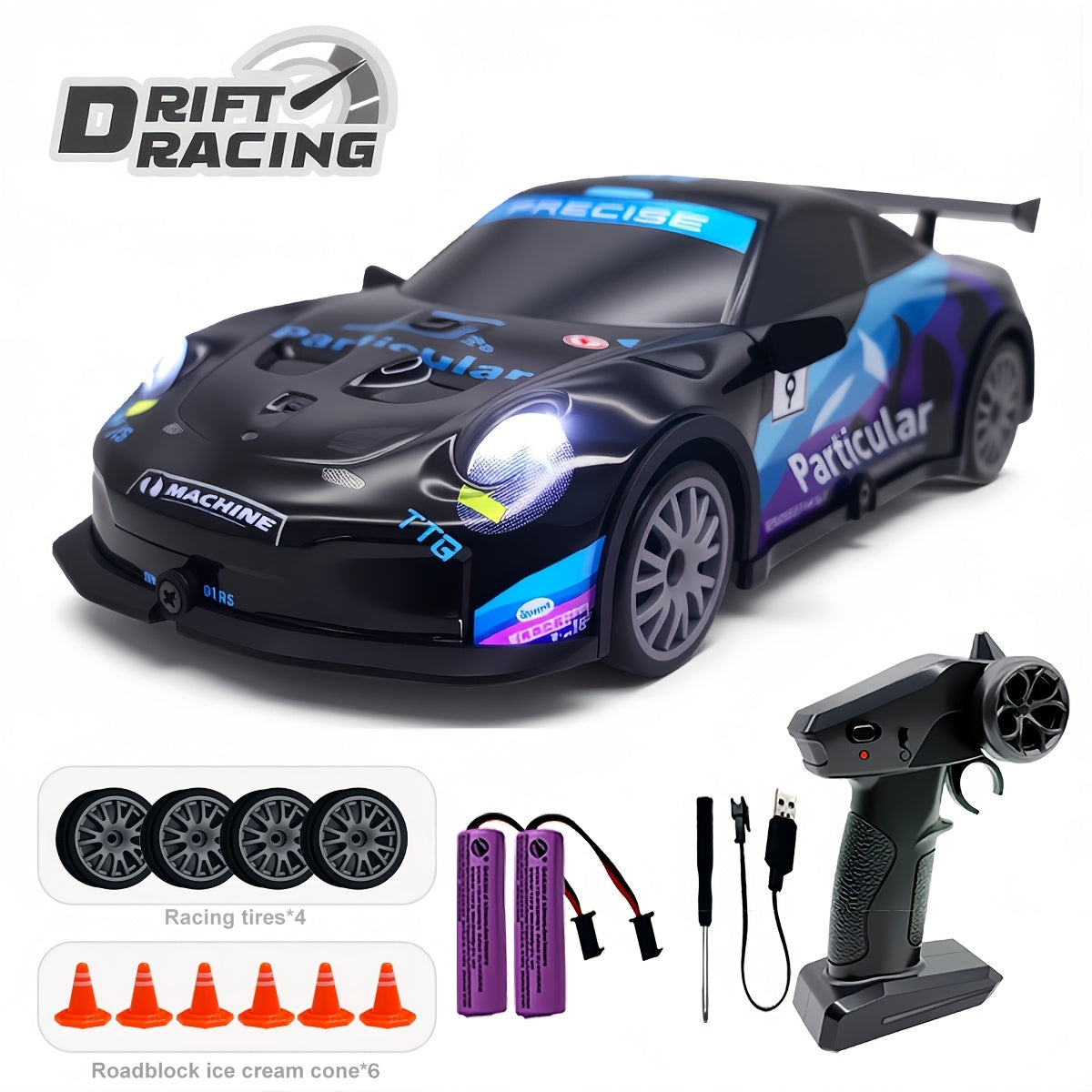 AmericanNew RCDriftCar 1:24Scale4WD 2.4GHZ28km/hHighSpeed Alloy MetalPlastic MaterialCrashResistant RacingCarWith Drift Tires, BarricadesAnd LEDLights 2Batteries ChristmasBirthday Gift ForBoysAndGirls, Crash Resistant Car, Sporty Design, Durable