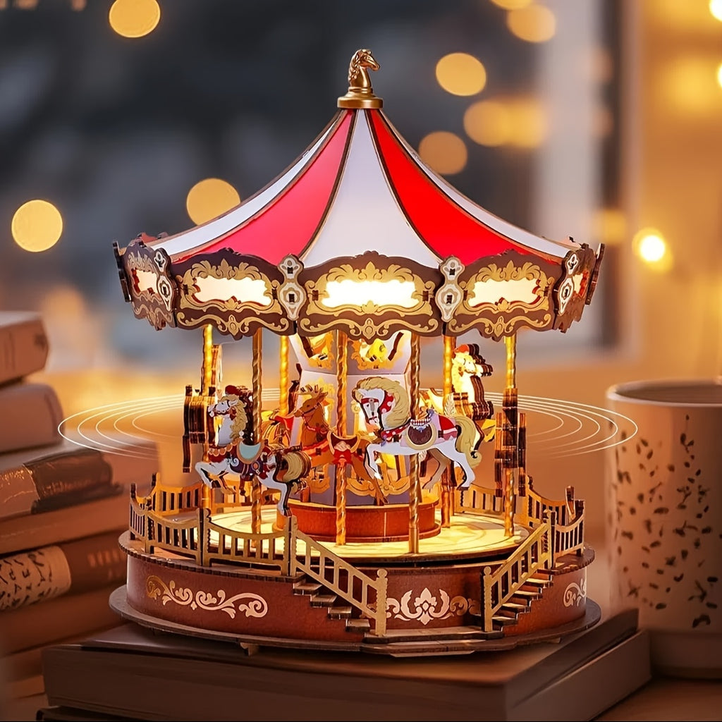 Rolife 3D Wooden Puzzle, Do-It-Yourself Carousel Music Box Model Kit, Architectural Craft Project, Hobby Home Decor Gift for Valentine'S Day