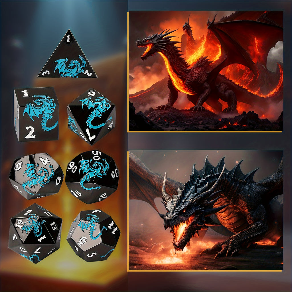7pcs Of Retro Metal Dice Set, Finely Carved Pattern Fonts And Dragon Patterns, Including A Storage Bag with Dragon Patterns, Essential for TRPG Games, Tabletop Role-playing Game Props, Polyhedral Dice, D20 D12 D10 D8 D6 D4, Handmade Polishing