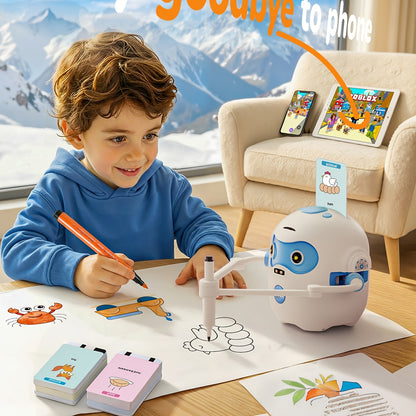 Drawing Robot, Rechargeable Four in Interactive Educational Robot Drawing Machine, with 100 Cards and Color Pens, 3-8-year-old Boys and Girls Birthday and Christmas Learning Toys.