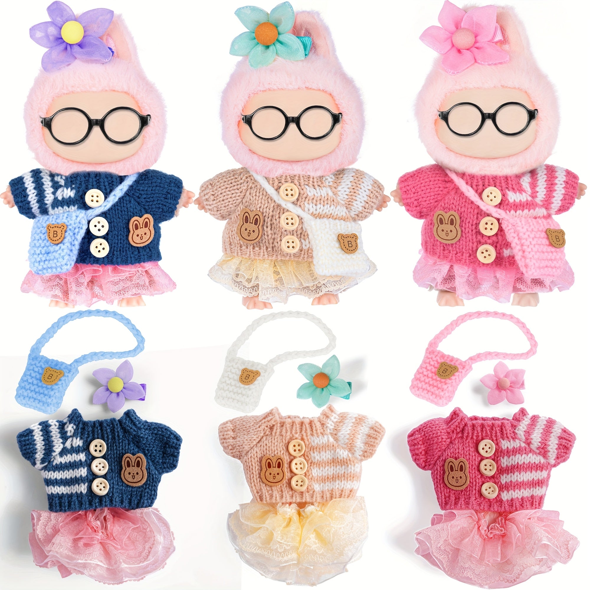 [3 Sets Labubu Doll Clothes] 3 Sets Fashion Doll Clothes for Labubu - Knit Tops + Tulle Skirts + Floral Hair Clips & Bags | Festive Gift Birthday Present for Ages 3+ (No Doll No Glasses)