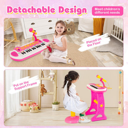 COSTWAY 31-Key Piano Keyboard Toy with Stool, Portable Electronic Music Instrument, Adjustable Microphone, Recording And Playback Features, Light Effects, Educational Gift for Kids Aged 3 And Up