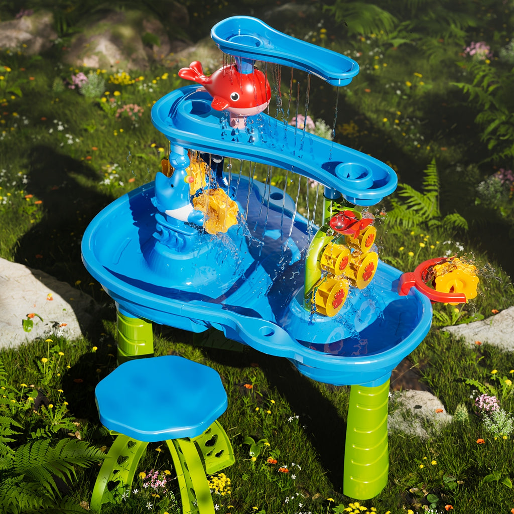 3-Tier Kids Sand Water Table with Shovel, Scoop & Strainer - Outdoor Blue Educational Sensory Play for Beach, Backyard, Summer Holidays