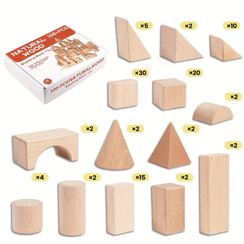 100pcs Solid Wood Block Set, Unpainted, Aiding Logical Thinking Development. Made of Beech Material, Suitable for 3-12 Year Old Children to Create Educational Toys. Boy Toy, Wooden Castle Set, Large Wooden Stacking Toy, Puzzle Toy, Toy