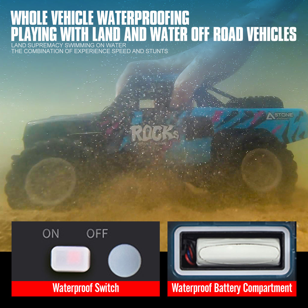 RC Trucks 4x4 Offroad Waterproof 1:16 Amphibious Remote Control Car with 2 Rechargeable Battery 4WD All Terrain Monster Truck RC Car for Boys 4-7 gift present