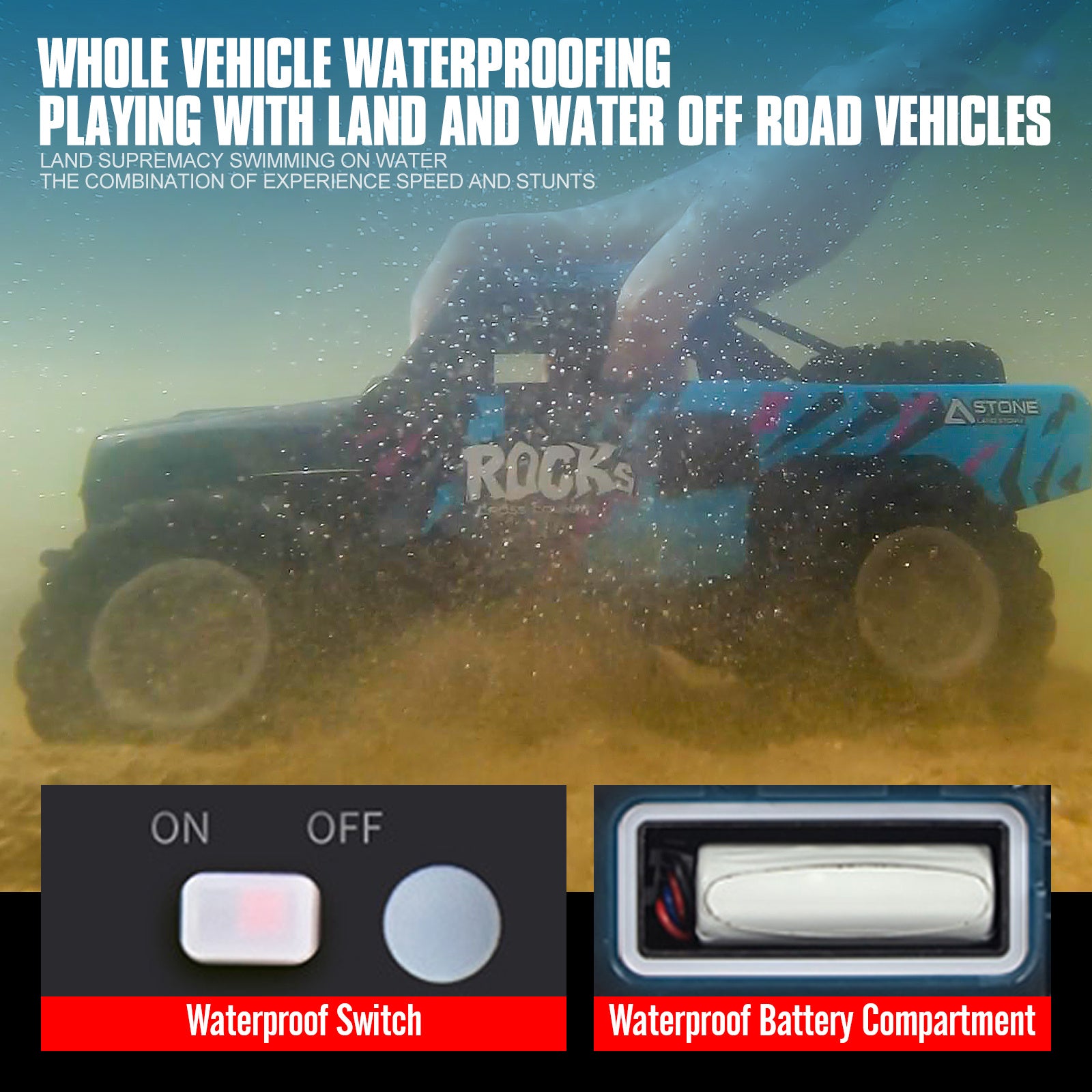 RC Trucks 4x4 Offroad Waterproof 1:16 Amphibious Remote Control Car with 2 Rechargeable Battery 4WD All Terrain Monster Truck RC Car for Boys 4-7 gift present