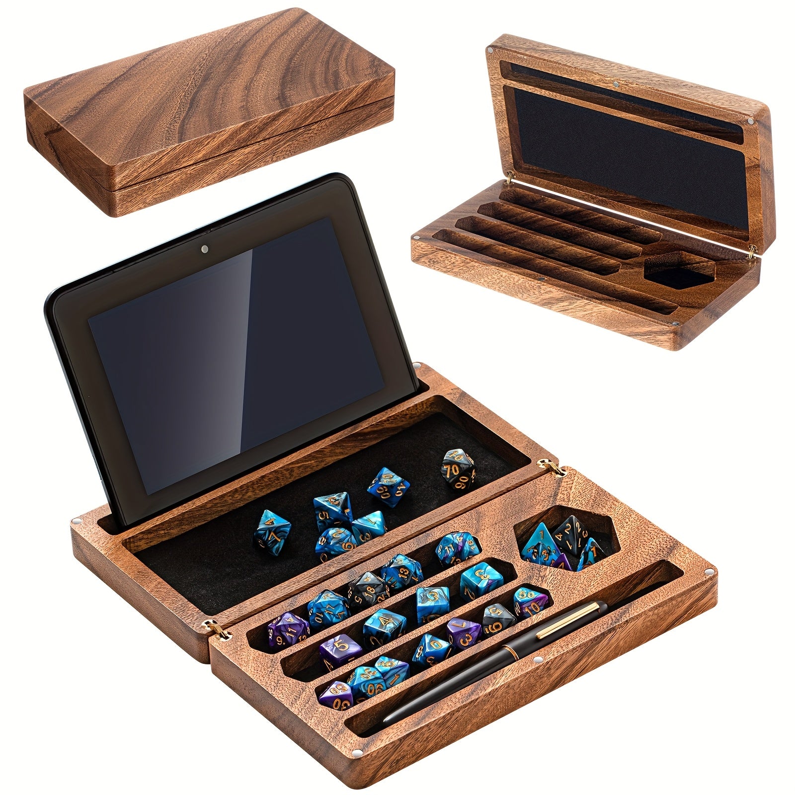 Walnut Dice Box 4.8 X 9 Inch Handmade Dice Tray for Rolling with Storage Phone Tablet Stand Magnetic Lock Secures Lid Portable Tray for Tabletop RPG Board Games Gift (Walnut, Flip)