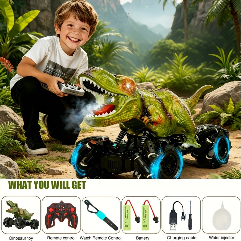 [Remote-Control Off-Road Monster Truck Toy] 2.4GHz 4WD All-terrain Remote-control Off-road Monster Truck Toy, Dinosaur Stunt Remote-control Car, Featuring An Ergonomic Handle, LED Lights, And Music Functions, Plus Large Tires with Superior Traction.