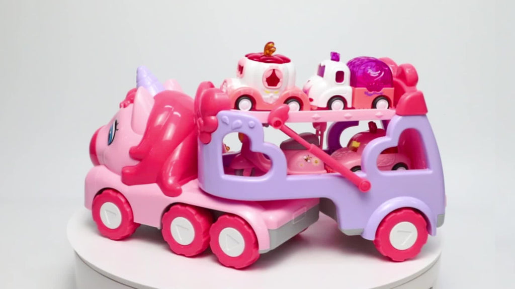 [Perfect Holiday Gift] Kids Carrier Truck Toys With 4 Mini Cars | Pink, Music Light, Battery Powered, Pull-Back Operation, Non-Rechargeable AA Batteries, Ideal For Boys And Girls, Perfect Holiday Gift