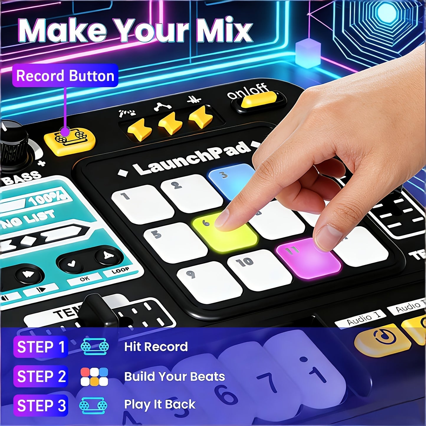 Children's Multi-functional DJ Mixing Controller Set Toy, with LED Lights, Sound Effects, Microphone, And Piano DJ Keyboard Instrument. An Interactive Music Toy for Children, Featuring Over 100 Sound Effects, Piano Keys, Disco Mode, And Rechargeable