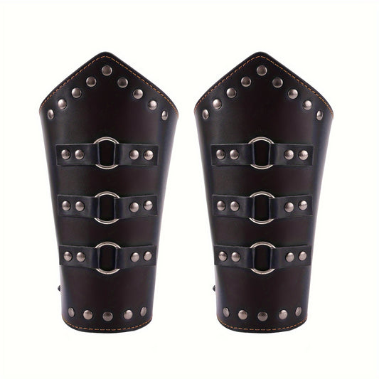 2pcs Renaissance Medieval Black Arm Bracers, Knight Warrior Viking  PU Leather Gauntlet Wristbands, Men's Halloween Cosplay Costume Photo Props, LARP Party Supplies, Stage Performance Accessories