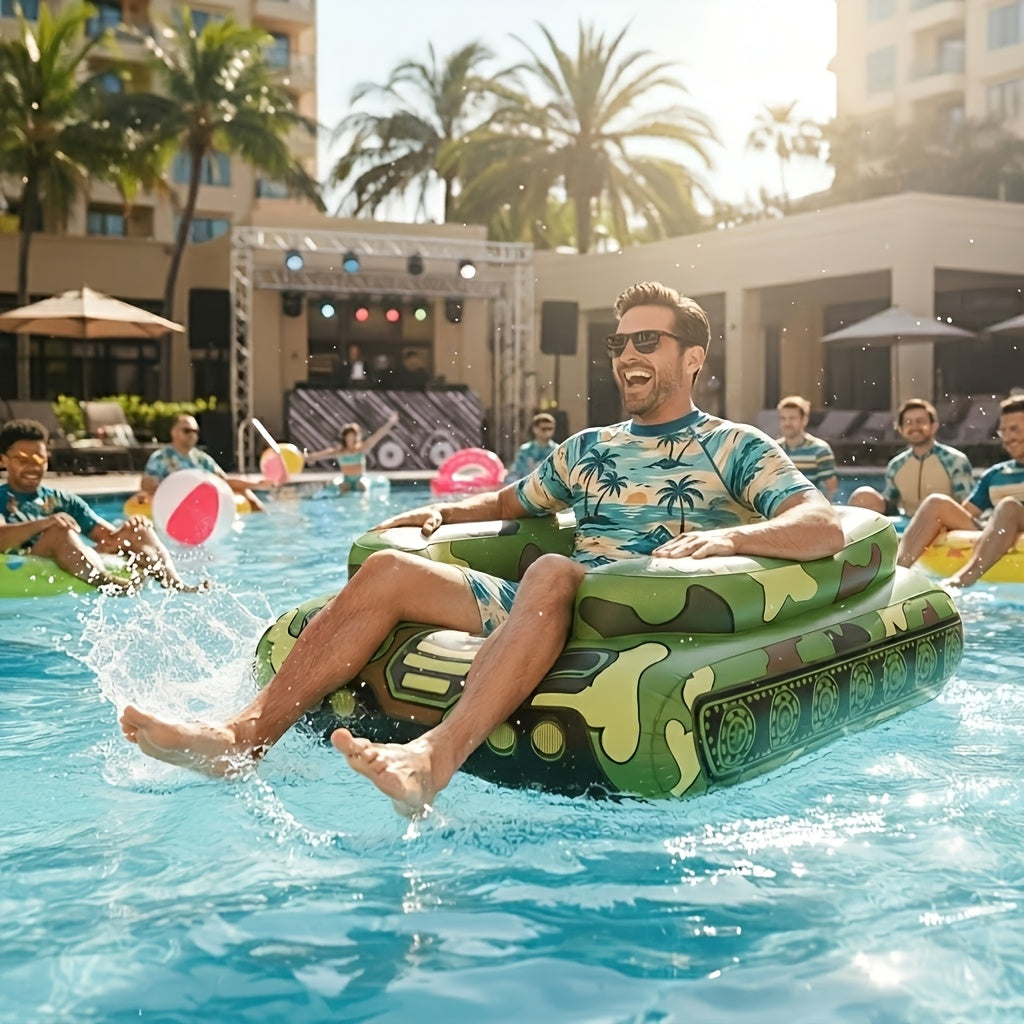 60-Inch XL Inflatable Pool Float, Ride-On Tugboat Raft with Built-in Sprayer, Heavy Duty PVC Floating Lounger, Includes 16-Inch Beach Ball, Splash Water System, Adult Swim Party Oasis, Durable Blow-Up Float for Lake Beach, Puncture-Resistant Mat