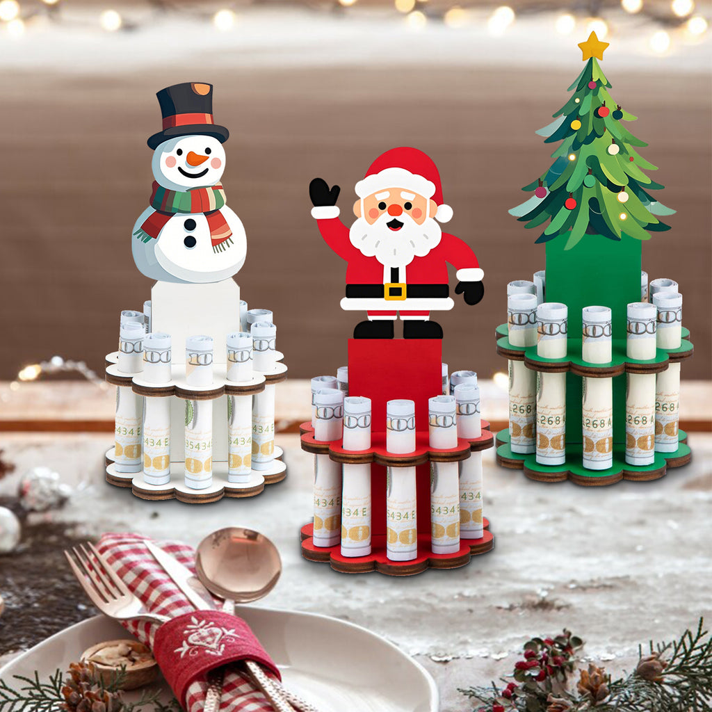 3SET Christmas Money Holder, Wooden Money Holders, Christmas Ornament Money Holder with 10 Holes, Money Dispenser Christmas Money Tree Table Decor for Winter Holiday Party Favors Supplies