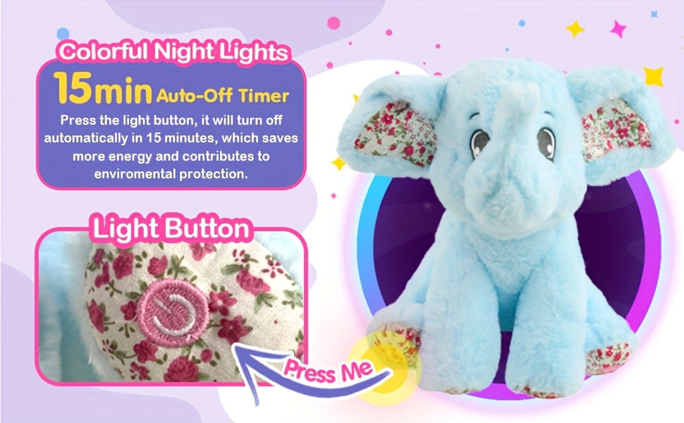 Musical Glowing Blue Elephant Plush Toy, Happy Easter Soft Elephant Plush Toy Floppy LED Stuffed Animals Lullabies Nightlight Companion for Kids, Birthday Gift for Toddlers, Adorable Playing Doll
