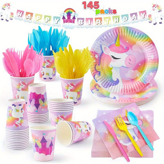 SYNCFUN 145pcs for Unicorn Birthday Party Supplies with for Unicorn Banner, 24 Serves for Unicorn Disposable Tableware Sets with Plates, Cups, Napkins, And Cutlery Sets for Unicorn Theme Party, Multi-Item Party Favors, Perfect Christmas Gifts