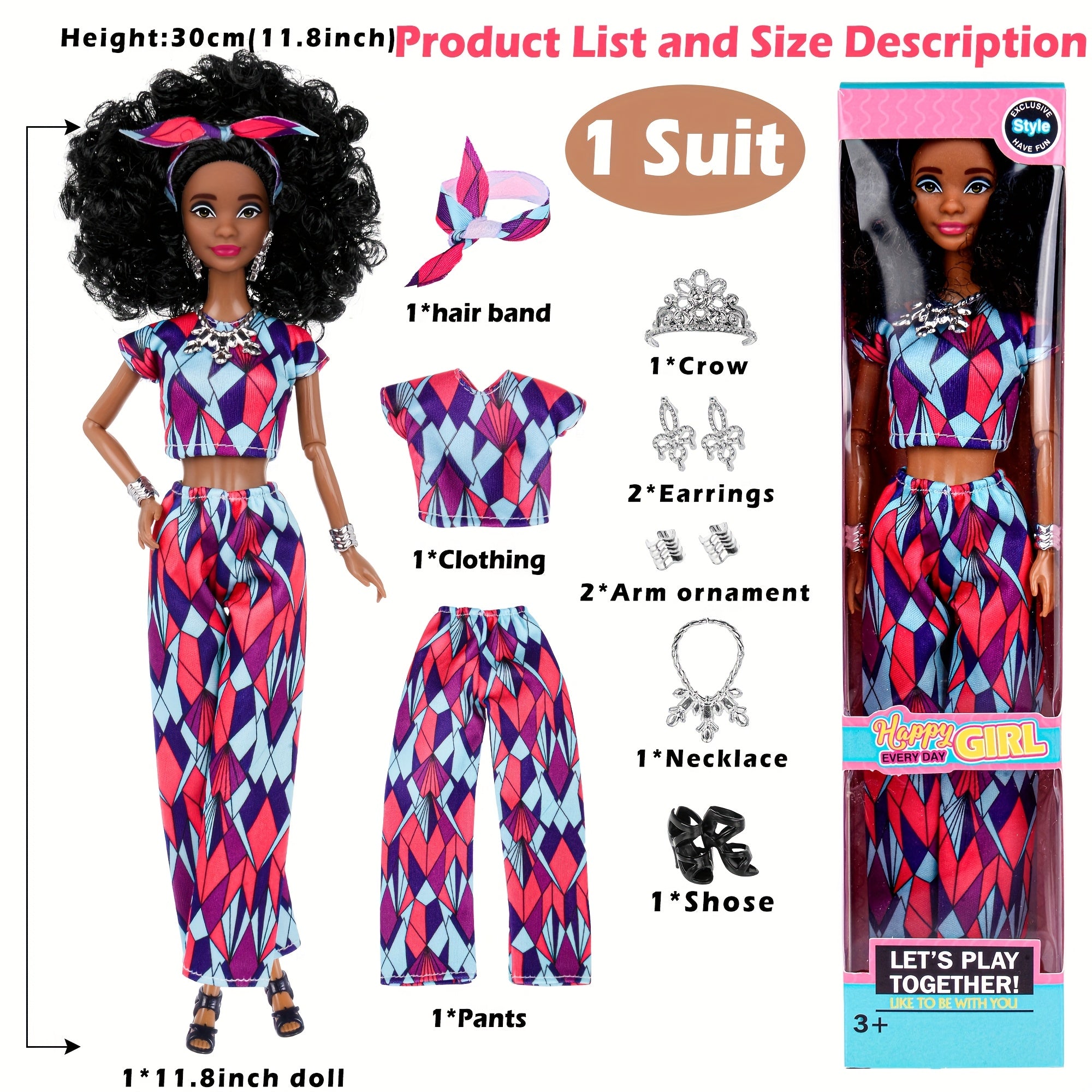 [Girls' Party Favors] 6pcs Fashion 11.5 Inch African American Black Toy Girl Doll Play Set, Curly Hair with Wearing Removable Dress & Accessories, Variety Pack for Kids, Girls' Party Favors