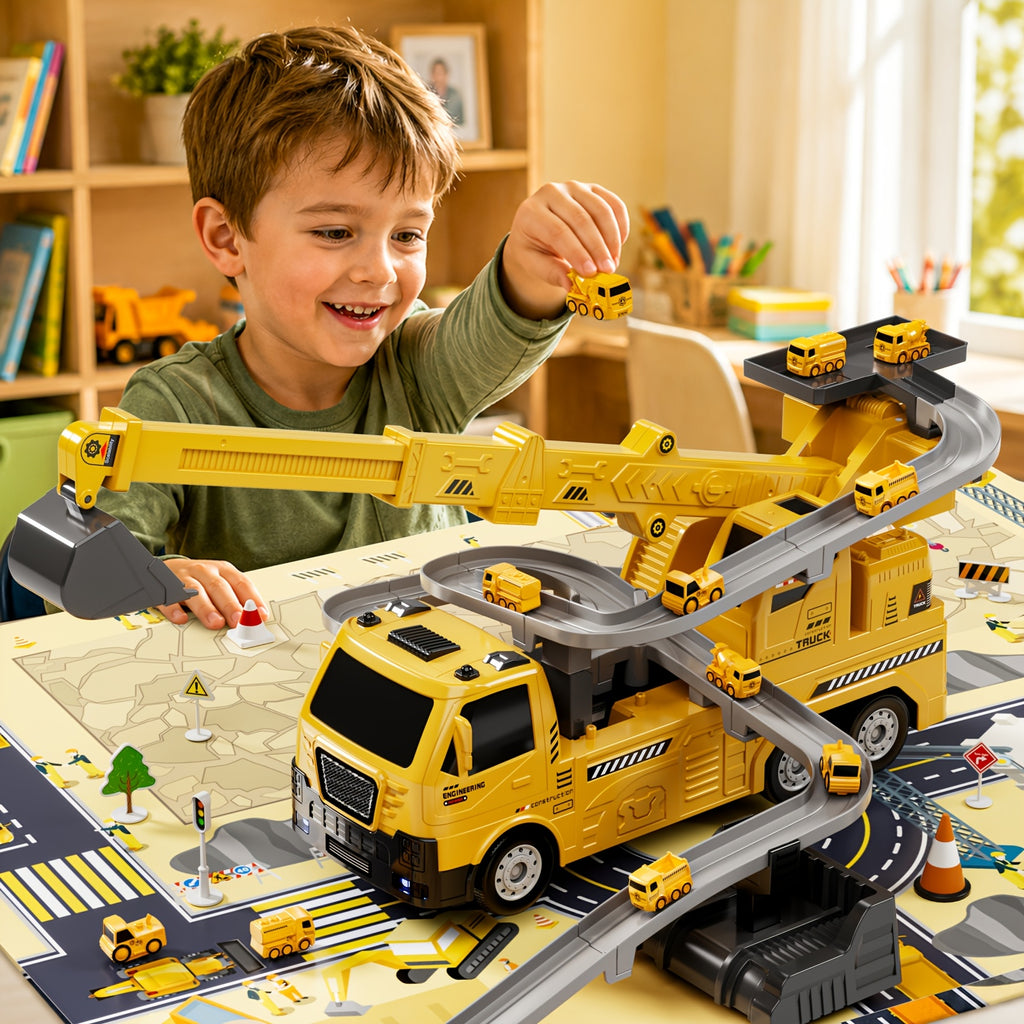 [Birthday Christmas Easter] BABY HOME 3-In-1 Crane & Excavator & Cars Racing Track Play Set for Aged 3+, Construction Vehicle Toy with Light & Sound, Birthday Christmas Easter Holiday Toy Gift
