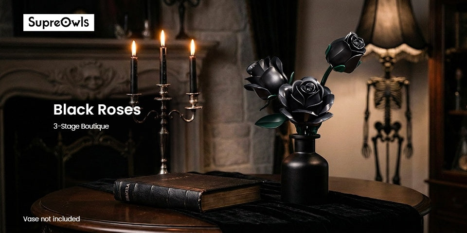 Special Party Gift Gothic Black Rose Flower Artificial Flower Art Piece Background Bouquet Building Set 3 Rose Building Pieces Set 152pcs