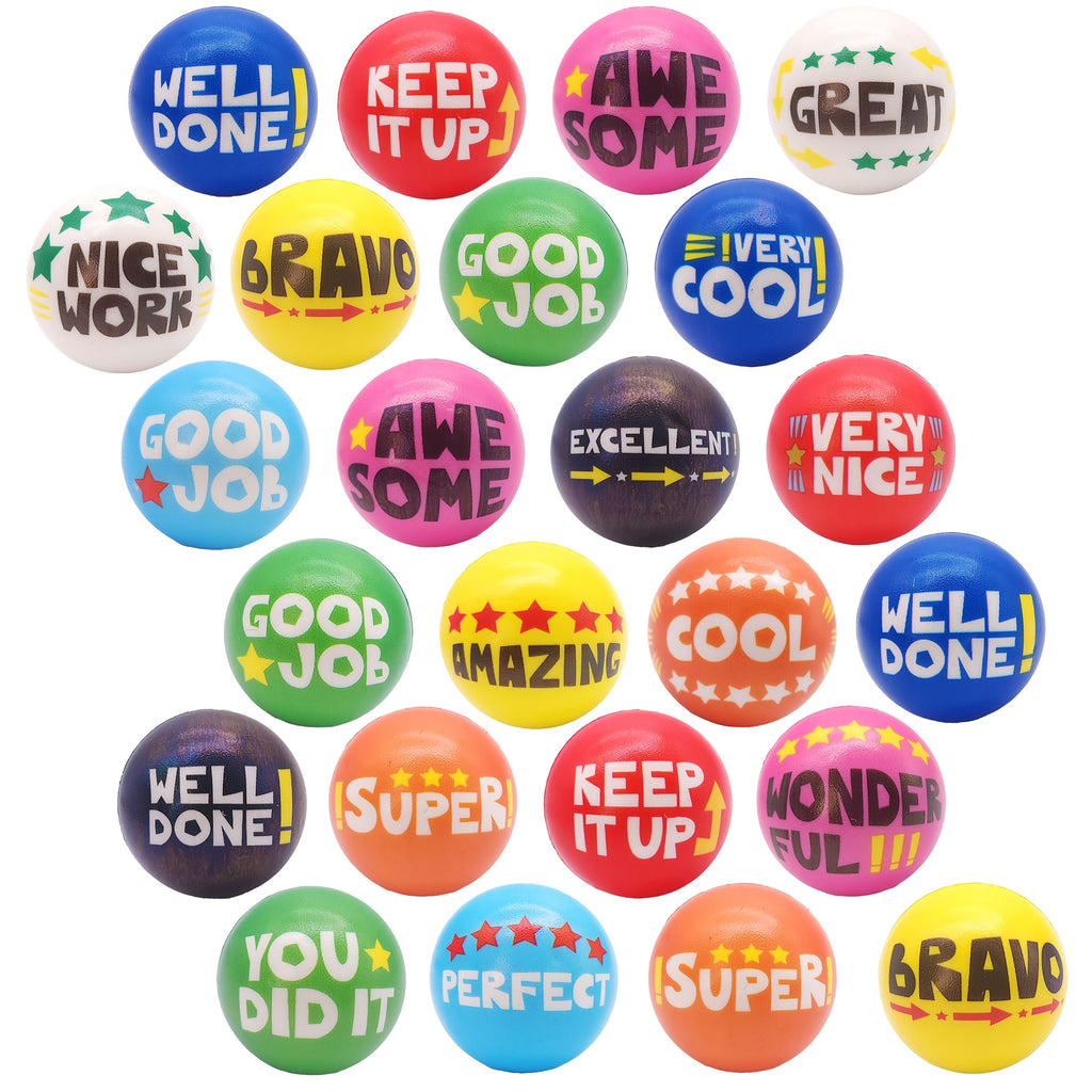 24 Pack Multicolor Motivational Squeeze Balls Suitable for Classroom, Office, Team Building - Soft Squertzy with Positive Affirmation Slogans, Prizes & Rewards (24pcs, 2.48inch)