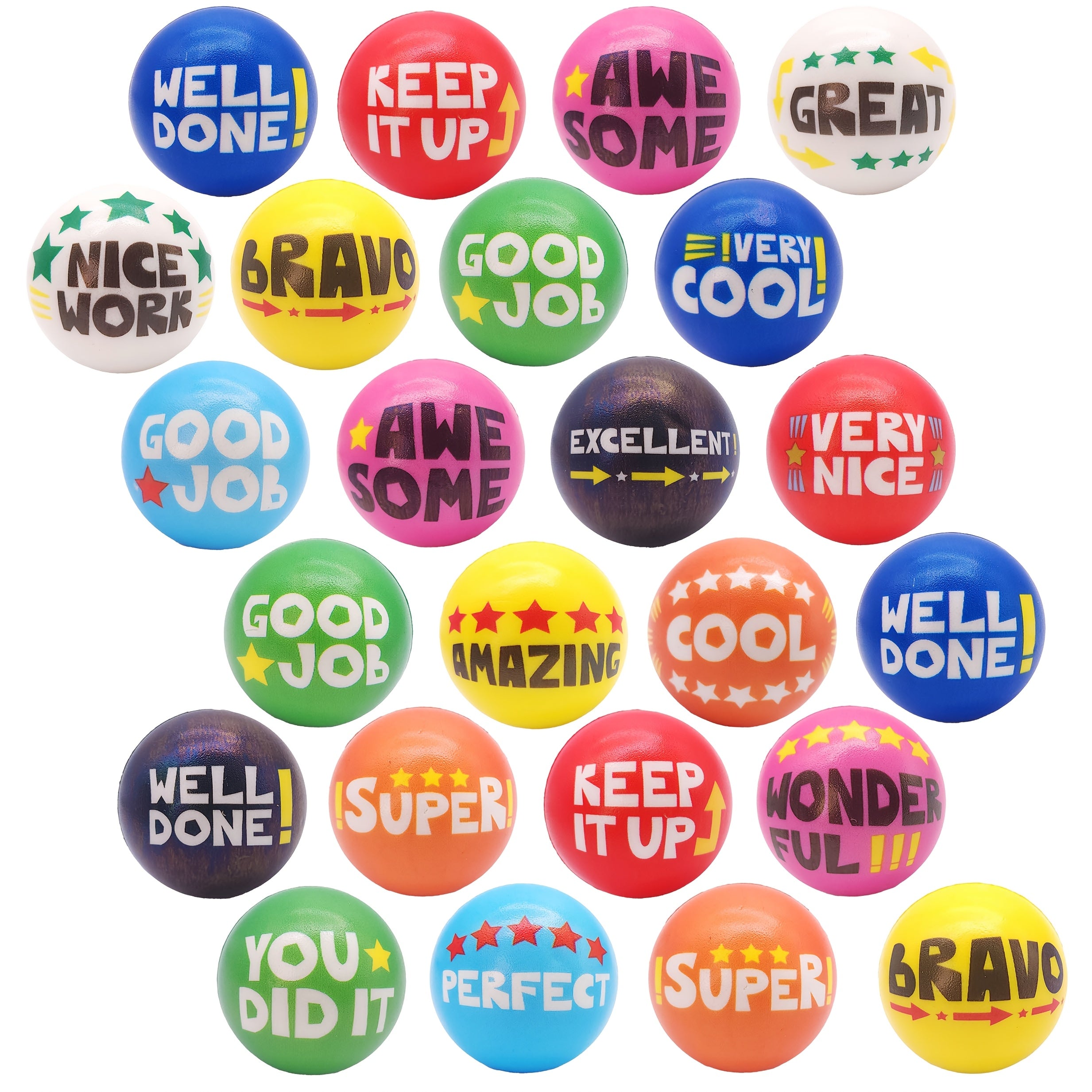 24 Pack Multicolor Motivational Squeeze Balls Suitable for Classroom, Office, Team Building - Soft Squertzy with Positive Affirmation Slogans, Prizes & Rewards (24pcs, 2.48inch)
