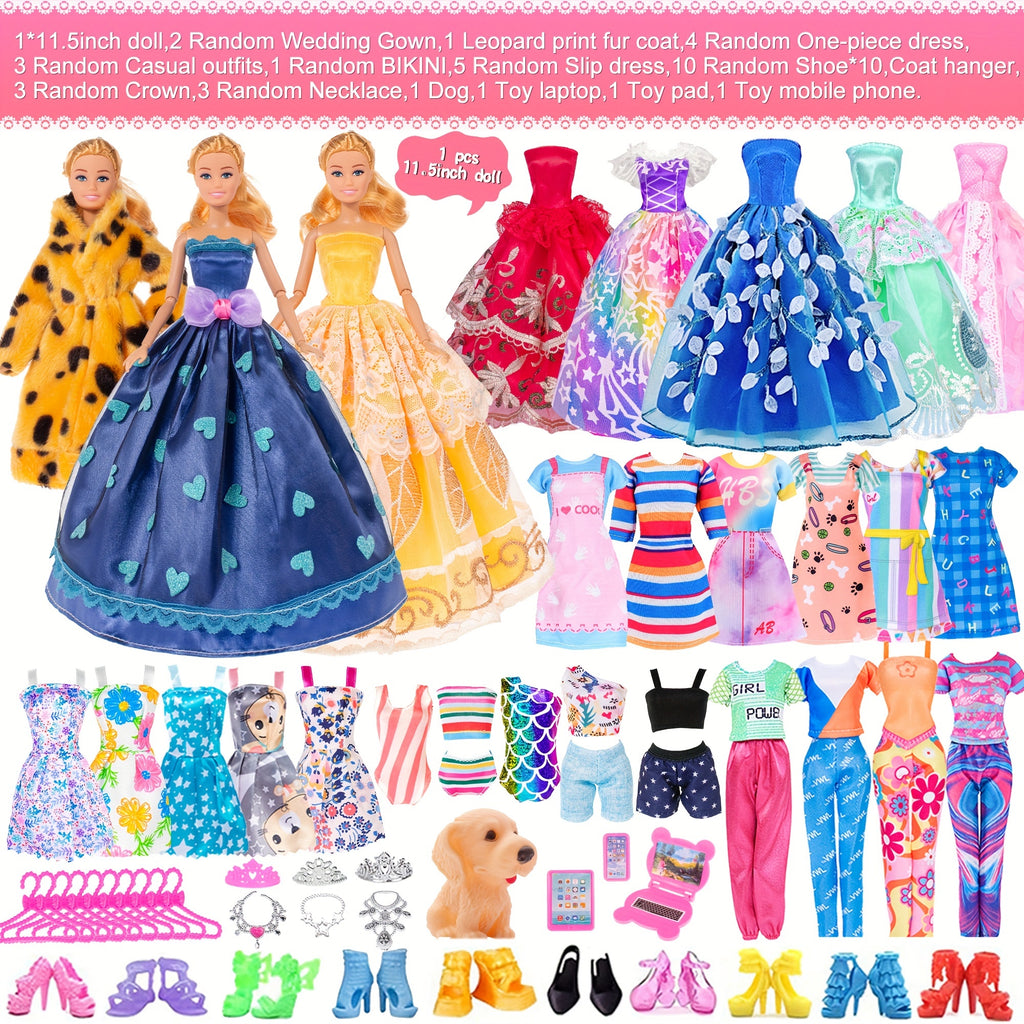 11.5 Inch Fashion Girl Doll with Clothes And Accessories Set Include Doll, Fur Coat, Pricess Dresses, Fashion Dresses, Slip Dress Gift for Ages 3+