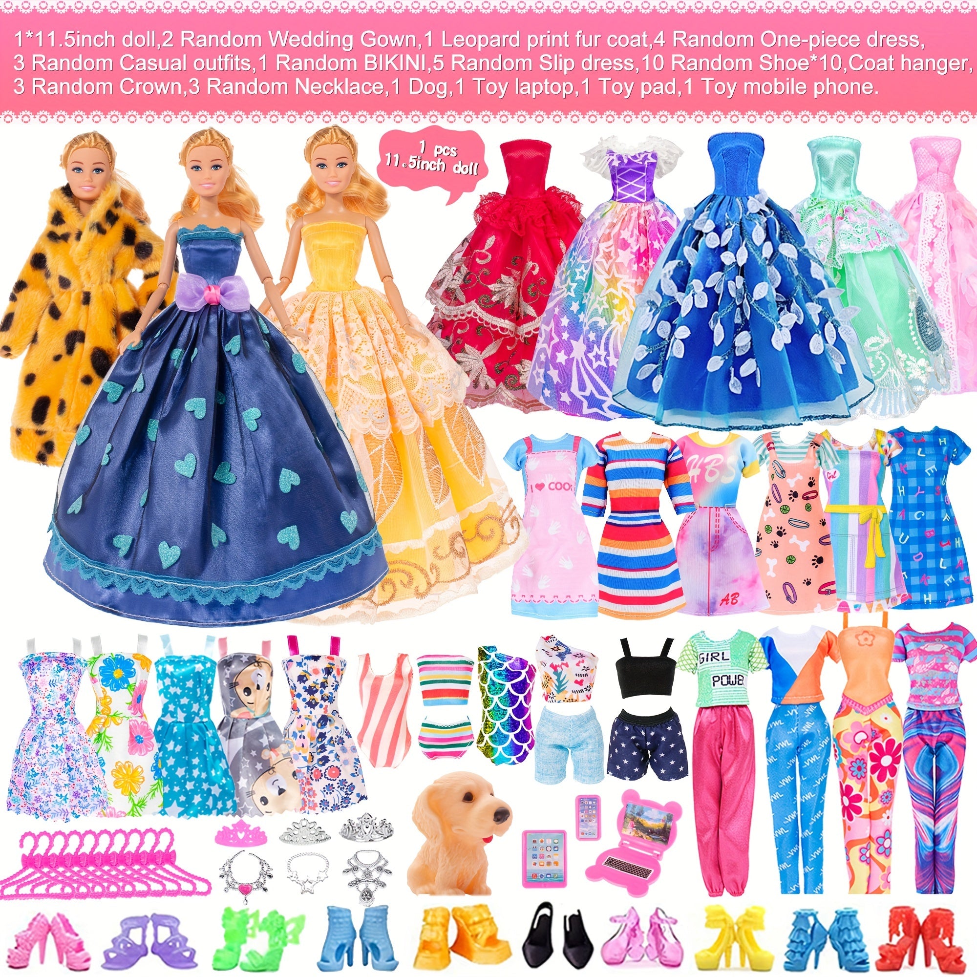 11.5 Inch Fashion Girl Doll with Clothes And Accessories Set Include Doll, Fur Coat, Pricess Dresses, Fashion Dresses, Slip Dress Gift for Ages 3+