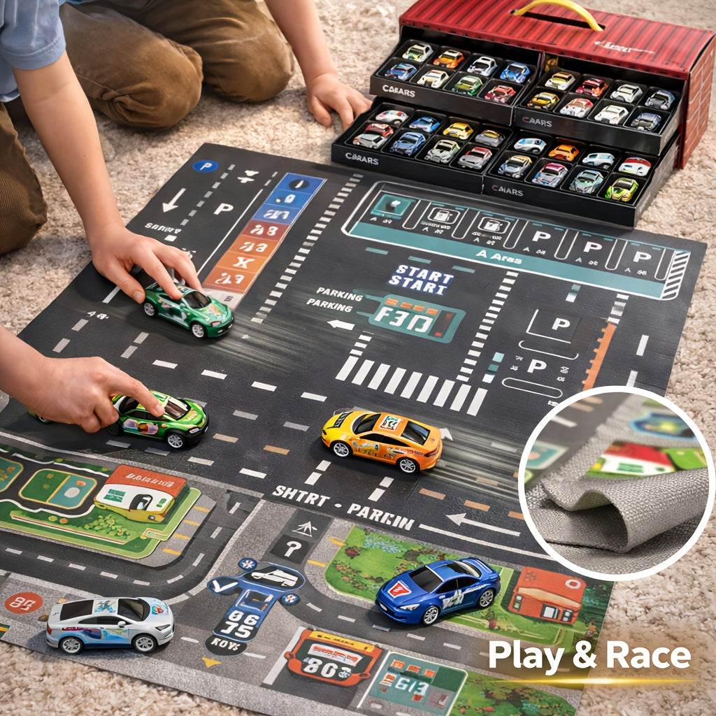 48pcs Racing Car Toy Set for Boys Age 3+, Friction Powered Mini Cars with 4-Level Garage & Track, All-In-One Play Gift