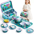 Mermaid Tea Party Set for Little Girls, Pretend Tin Teapot Toy with Cups, Plates Carrying Case, Princess Tea Time Play Kitchen Kit, Perfect Christmas&Birthday Gifts for Kids Age 3+