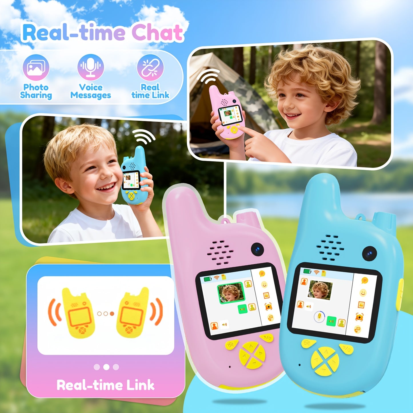 Video Walkie Talkies (2pcs) with Voice Changer, Video Call, Take A Picture, Dual Cameras for Indoor Play Camping Hiking Travel Birthday Gift, Outdoor Communication, Travel Essentials, Colorful Design, Durable(2412-2462MHZ)