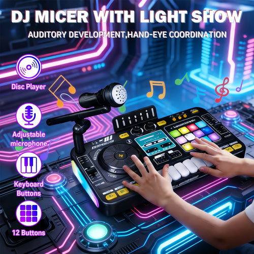 Children's Multi-functional DJ Mixing Controller Set Toy, with LED Lights, Sound Effects, Microphone, And Piano DJ Keyboard Instrument. An Interactive Music Toy for Children, Featuring Over 100 Sound Effects, Piano Keys, Disco Mode, And Rechargeable