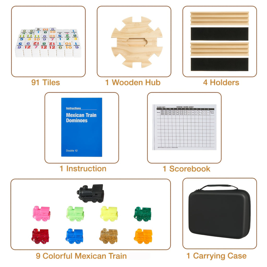 Mexican Train Dominoes Double 12 Game Set with 91 Colorful Tiles, 9 Model Trains & 4 Wooden Racks - Complete Board Game with EVA Suitcase, Strategy Family Party Game for Adults &, Classic Christmas/Halloween Gift, Durable Wood Construction & Travel-Friend