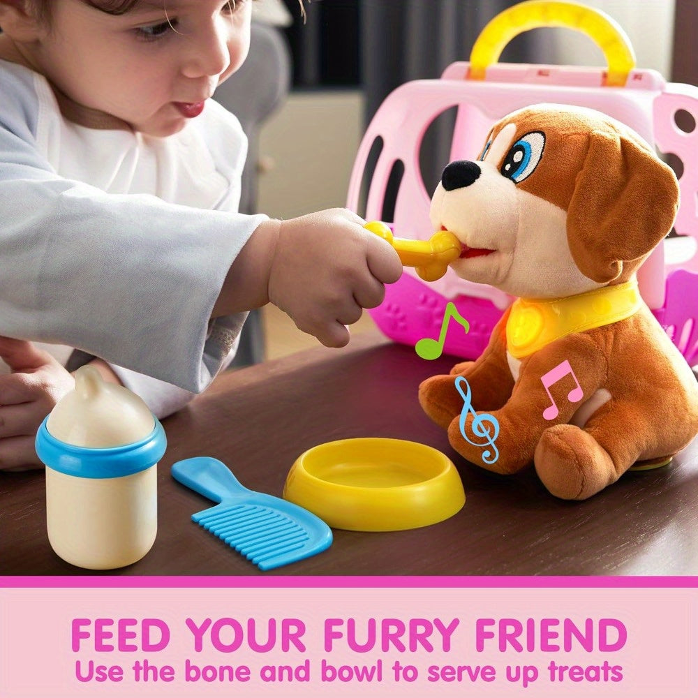 SYNCFUN Interactive Plush Dog Toy Suitable for Kids with Carrier & Accessories - Responsive Puppy with Music, Lights & Sounds, Soft Pet for Gifts, Birthday Presents for Girls 18 Months+
