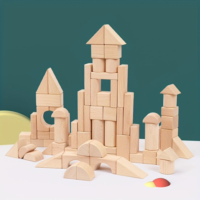 100pcs Solid Wood Block Set, Unpainted, Aiding Logical Thinking Development. Made of Beech Material, Suitable for 3-12 Year Old Children to Create Educational Toys. Boy Toy, Wooden Castle Set, Large Wooden Stacking Toy, Puzzle Toy, Toy