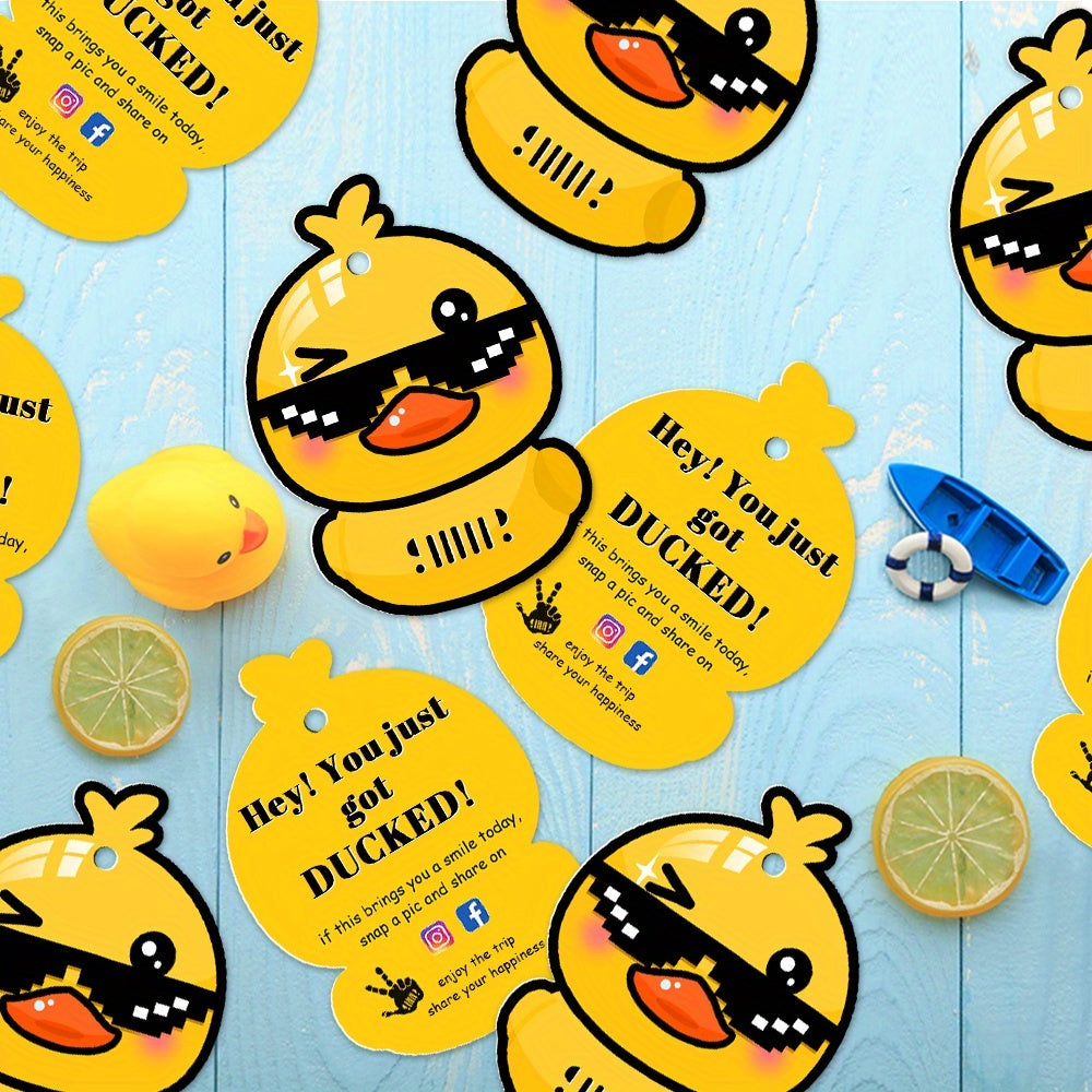 50 Pack Duck Duck Ducking Game Card Printed  Duck Tags with Round Hole And Rubber Bands Duck Duck Card Ducked Card (Yellow)