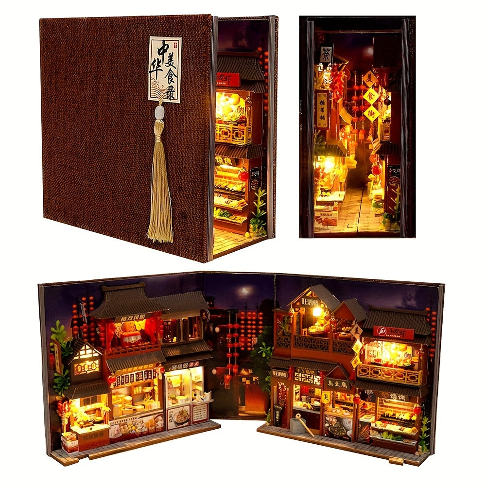 1pc Book Nook Kit Miniature Dollhouse 3D Wooden Puzzle Model for Bookshelf Home Decoration -Christmas Birthday Gift (Without Glue Battery)