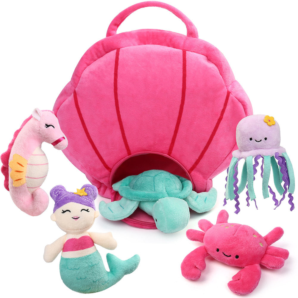 Ocean Stuffed Animals, 5 Pack Small Sea Creature Plush Toys and Shell Carrying Bag Set, Cute Plushies for Baby Kids, Sea Turtle, Octopus, Mermaid, Seahorse, Crab