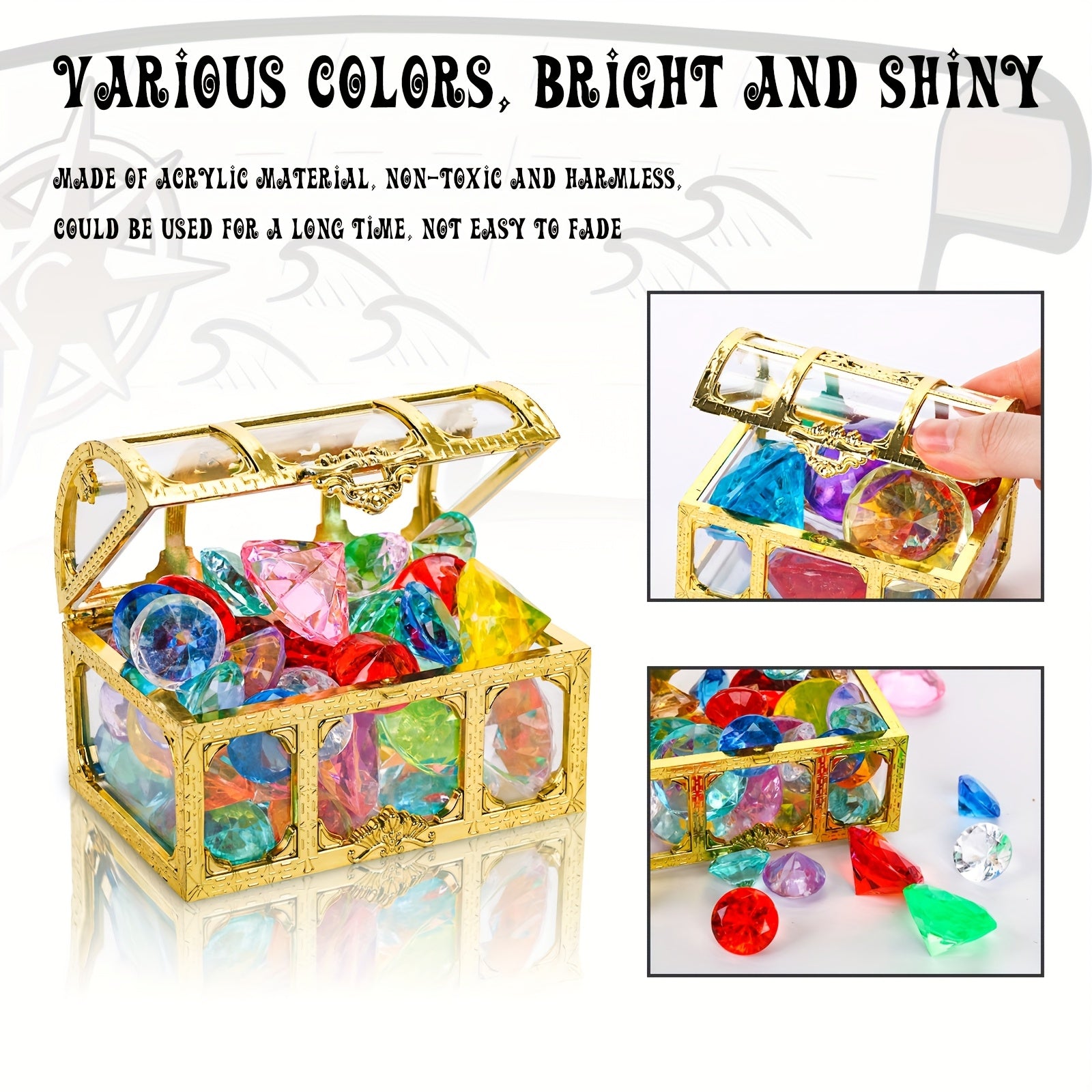 50pcs Diving Gem Pool Toy, Gem with Treasure Pirate Chest Box Underwater Acrylic Gemstones Set Swimming Toys Dive Throw Underwater for Game Gift Boys And Girls, Back to School, Mother's Day Gifts