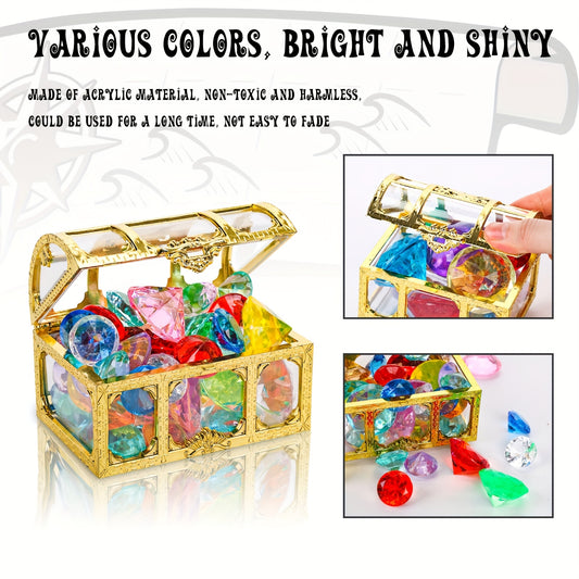 50pcs Diving Gem Pool Toy, Gem with Treasure Pirate Chest Box Underwater Acrylic Gemstones Set Swimming Toys Dive Throw Underwater for Game Gift Boys And Girls, Back to School, Mother's Day Gifts