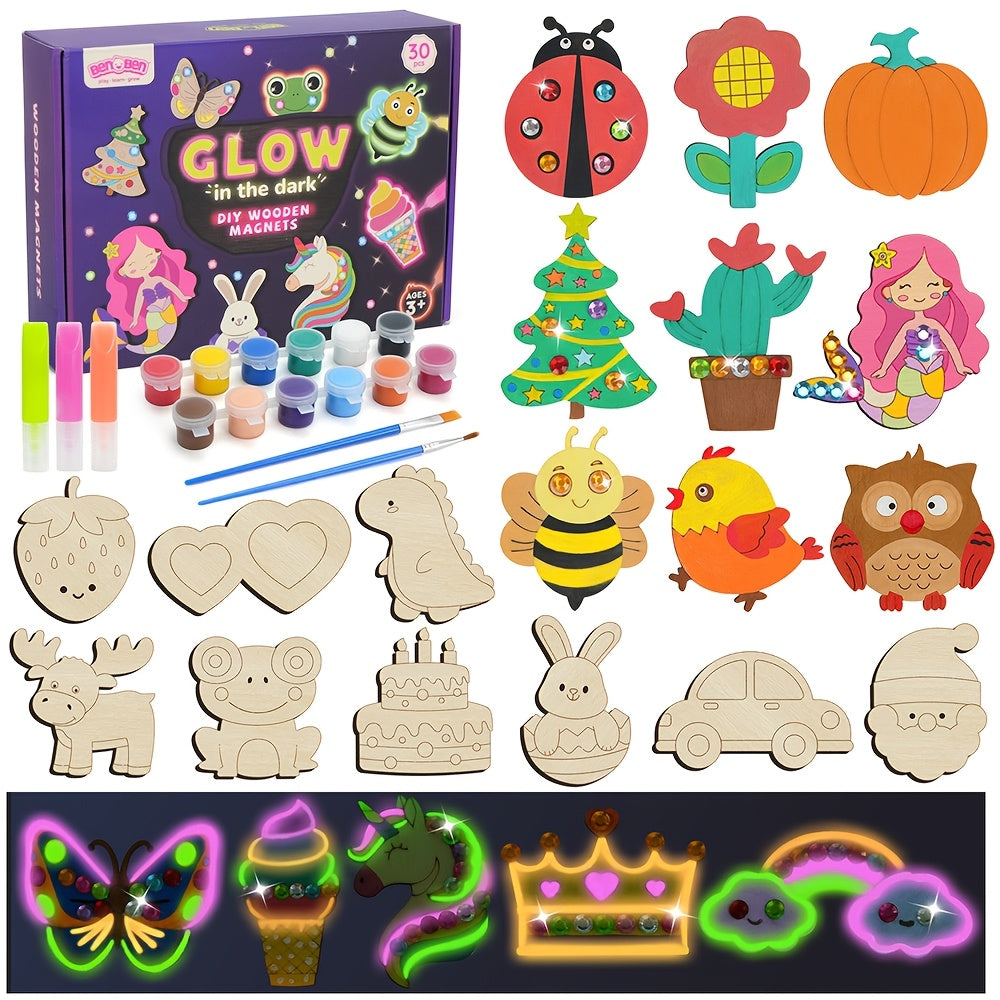 DIY Wooden Refrigerator Magnets Fridge Magnets Painting Kits, Craft Toys for Kids, 30pcs Wood Art Craft Set, DIY Crafts, Glow In The Dark, Arts & Crafts Supplies Painting Kit, Fun Party Favors for Girls Boys, Christmas Stocking Stuffers Present