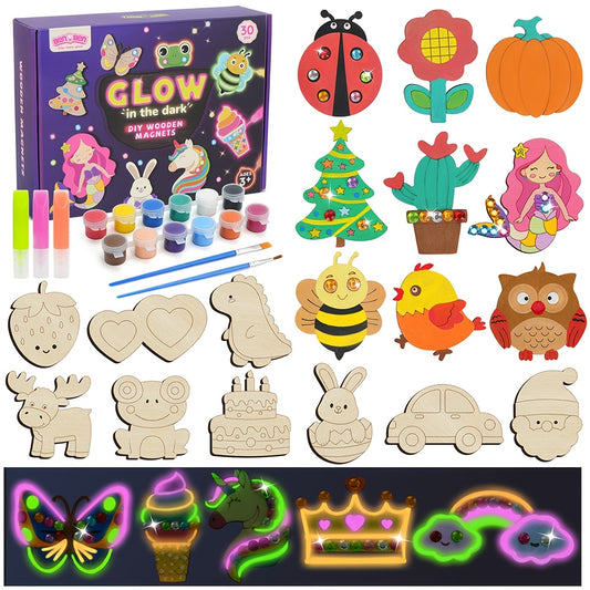 DIY Wooden Refrigerator Magnets Fridge Magnets Painting Kits, Craft Toys for Kids, 30pcs Wood Art Craft Set, DIY Crafts, Glow In The Dark, Arts & Crafts Supplies Painting Kit, Fun Party Favors for Girls Boys, Christmas Stocking Stuffers Present
