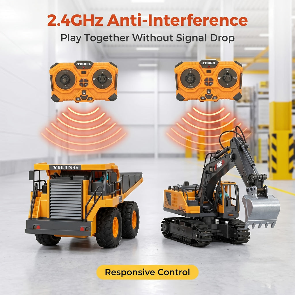 4pcs/3pcs/2pcs Set Remote Control Engineering Vehicle Set, 2.4G High-Tech 11-Channel Remote Control Excavator Dump Truck Bulldozer Alloy Plastic Engineering Vehicle Remote Control Construction Toy Car Set-Lingkun